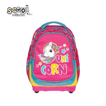 Ghiozdan anatomic, imprimeu multicolor UNICORN, 2 compartimente, bretele buretate, 38x39x19.5 cm
