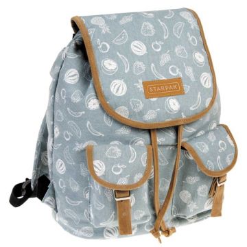 Ghiozdan cu imprimeu fructe, compartiment principal cu snur, 2 buzunare exterioare, textil/piele intoarsa, 40x30x18 cm