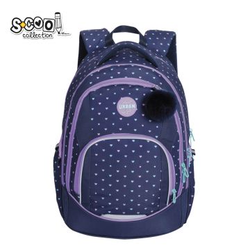Ghiozdan ergonomic elevi, model HEARTS, 2 compartimente, pom pom inclus, 43x29x22 cm