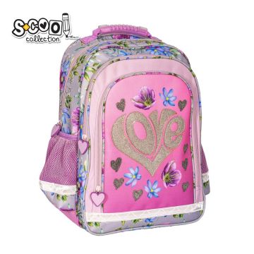 Ghiozdan ergonomic LOVE, 2 compartimente, buzunar frontal cu sclipici, 40.5x29x13.5 cm