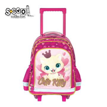 Ghiozdan troller CUTE KITTY, 3 compartimente cu fermoar, 2 roti, 38x29x14 cm