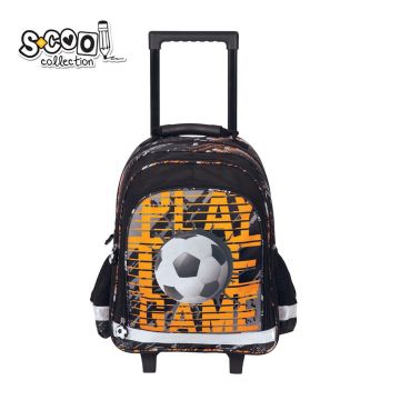 Ghiozdan troller, imprimeu fotbal, 3 compartimente, maner telescopic, 38x29x14 cm