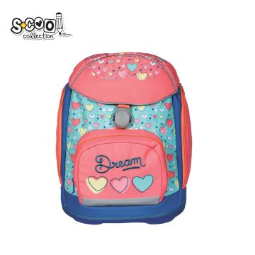 Ghiozdan anatomic cu motiv DREAM, multicolor, buzunar frontal termoizolat, curea fixare talie, 3 picioare