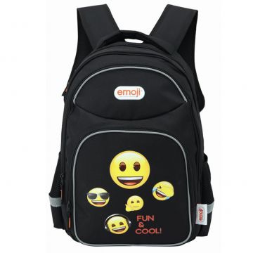 Ghiozdan cu imprimeu emoji, clasic, compartiment spatios, buzunar frontal mic, spate buretat, negru