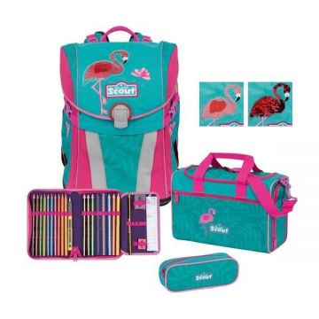Ghiozdan echipat 4 piese, motiv Flamingo cu Paiete