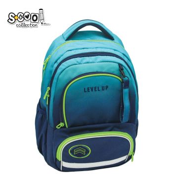 Ghiozdan ergonomic cu motiv LEVEL UP, 2 compartimente, buzunar interior, fermoar, poliester, 42x31x16 cm