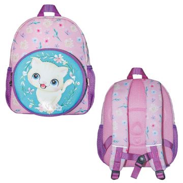 Ghiozdan fetite, pentru gradinita, model KITTY, buzunar frontal, maner, fermoare cu pandantive, 31 cm