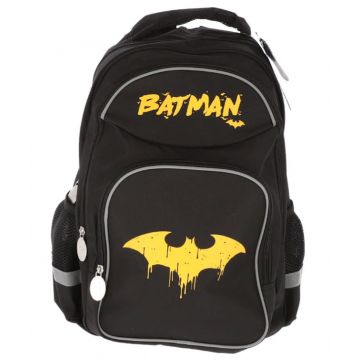 Ghiozdan gimnaziu BATMAN, 3 compartimente, buzunar frontal, interior captusit, spate buretat 3D, buzunare sticla