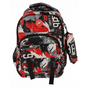 Ghiozdan gimnaziu, camuflaj rosu, penar, 3 compartimente, 15.5 litri, poliester, 42 cm
