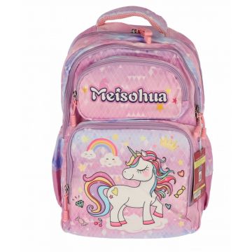 Ghiozdan scolar Meisohua Unicorn Rainbow, 3 compartimente, maner transport, roz pastel