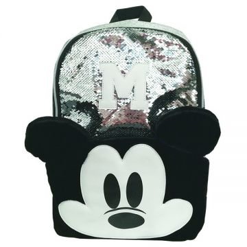 Ghiozdan scolar, paiete argintii, sclipici si blanita neagra, buzunar frontal cu Mickey Mouse, interior captusit