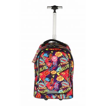 Ghiozdan troller Power, compartiment laptop, maner telescopic, buzunare frontale, 50 cm, multicolor
